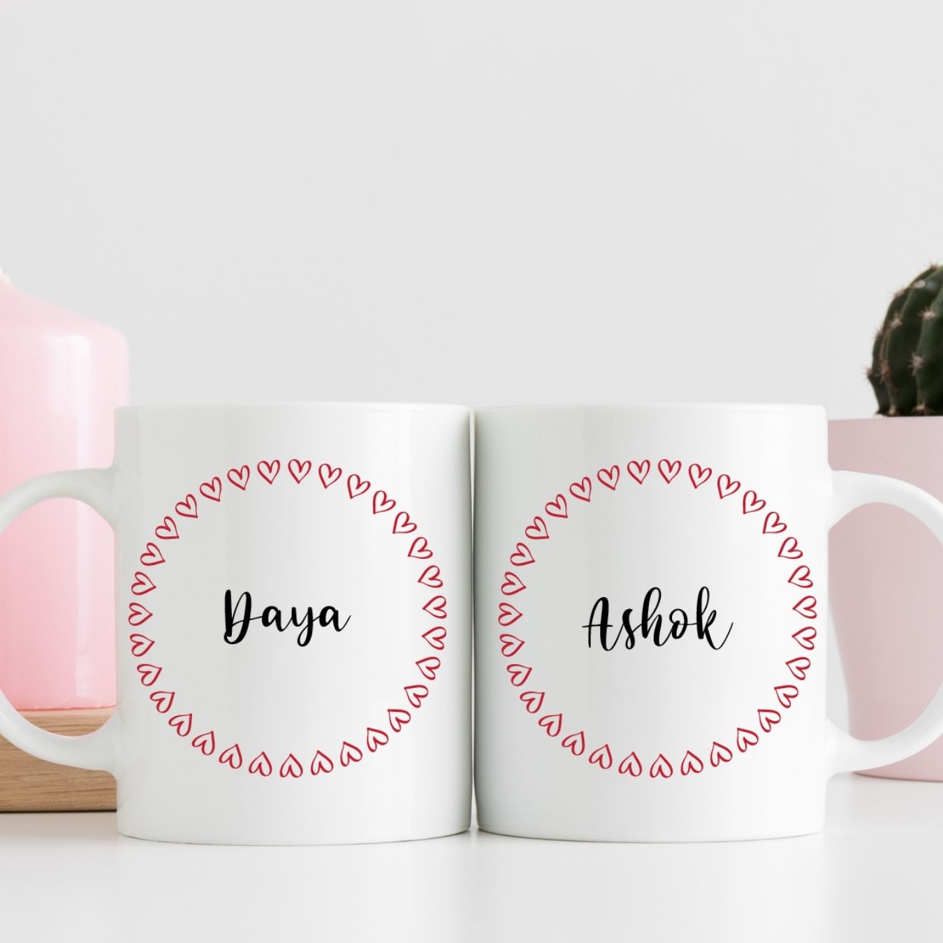Her & His Personalized Couple Mug Set – Custom Names with Heart Circle Design